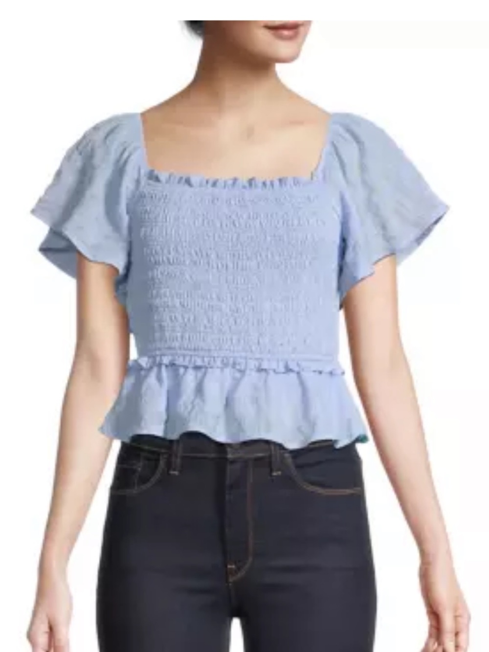 ASTR Smocked Square-Neck Flutter Sleeve Top - Periwinkle Light Blue